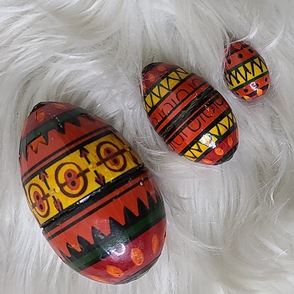 Vintage Tribal Style Decorative Wood Nesting Eggs Set of 3 Easter Home Decor - Picture 1 of 4